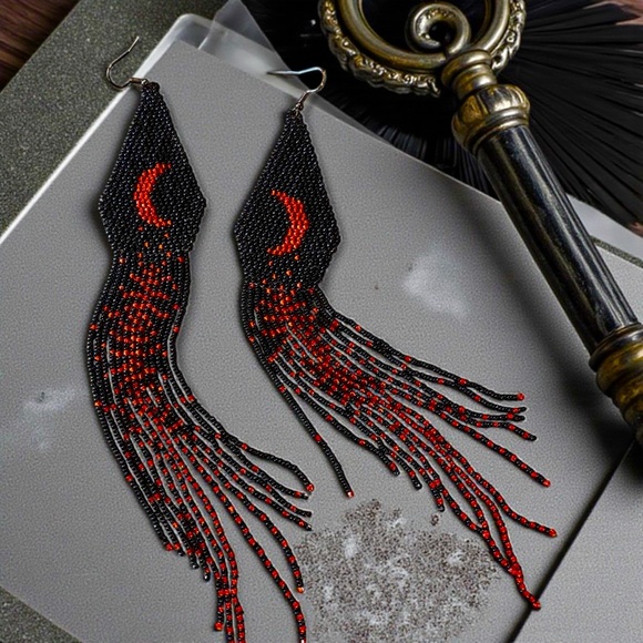 Hand Beaded Black/Red Extra Long Boho Crescent Moon Earrings - Picture 10 of 16